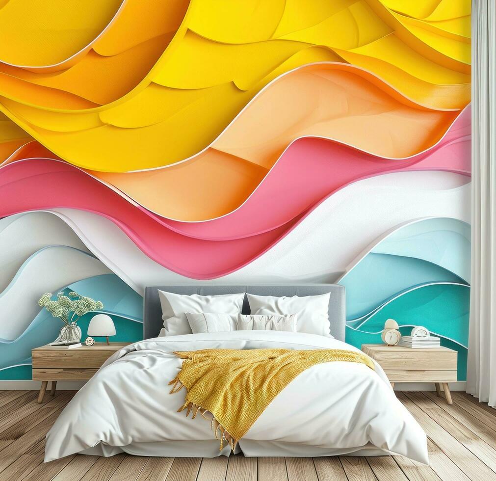 ai generado brillante dormitorio mural con resumen diseño amarillo foto