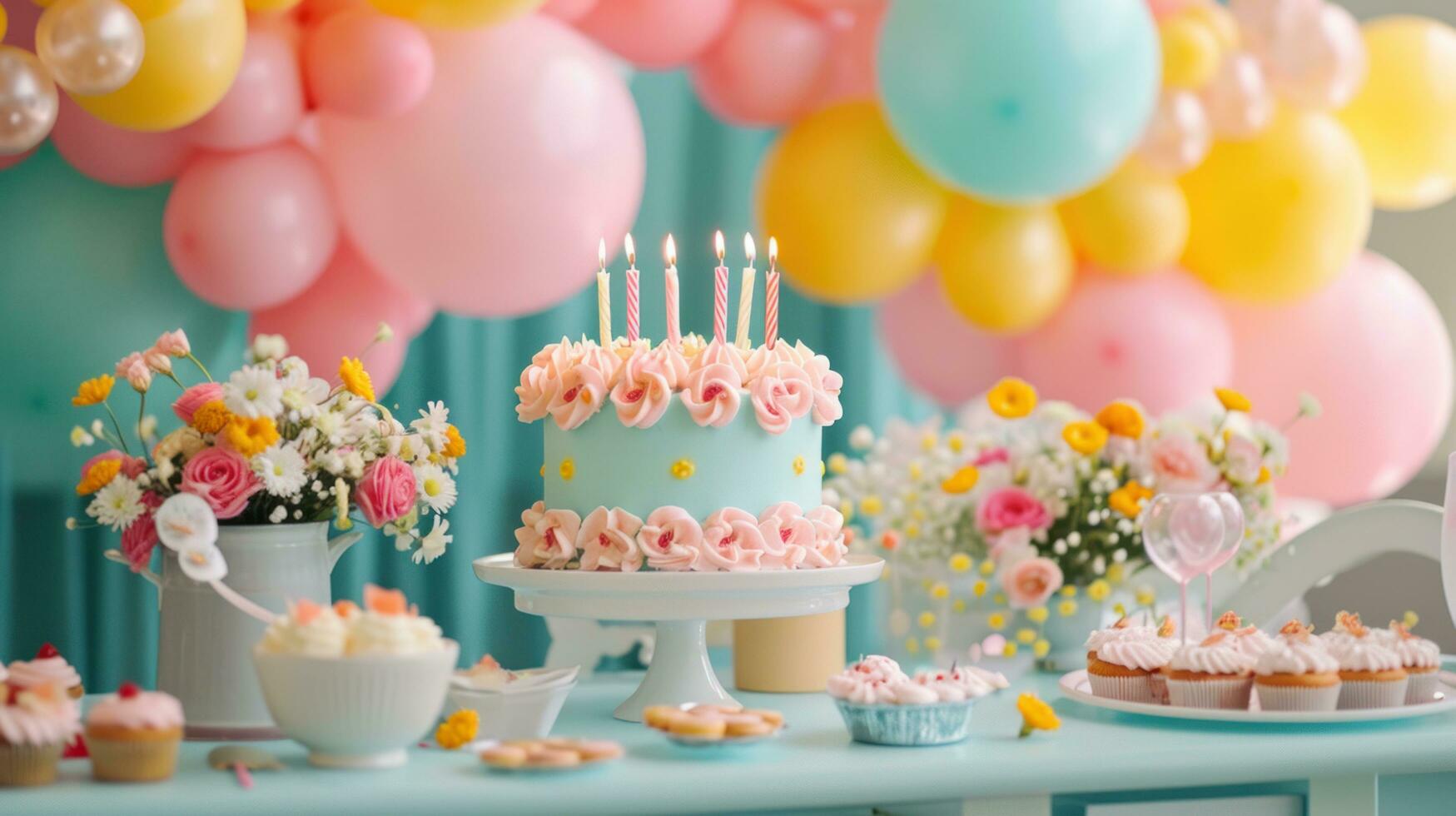 AI generated Whimsical decor, vibrant balloons, and joyful revelry create a lively and enchanting party ambiance photo