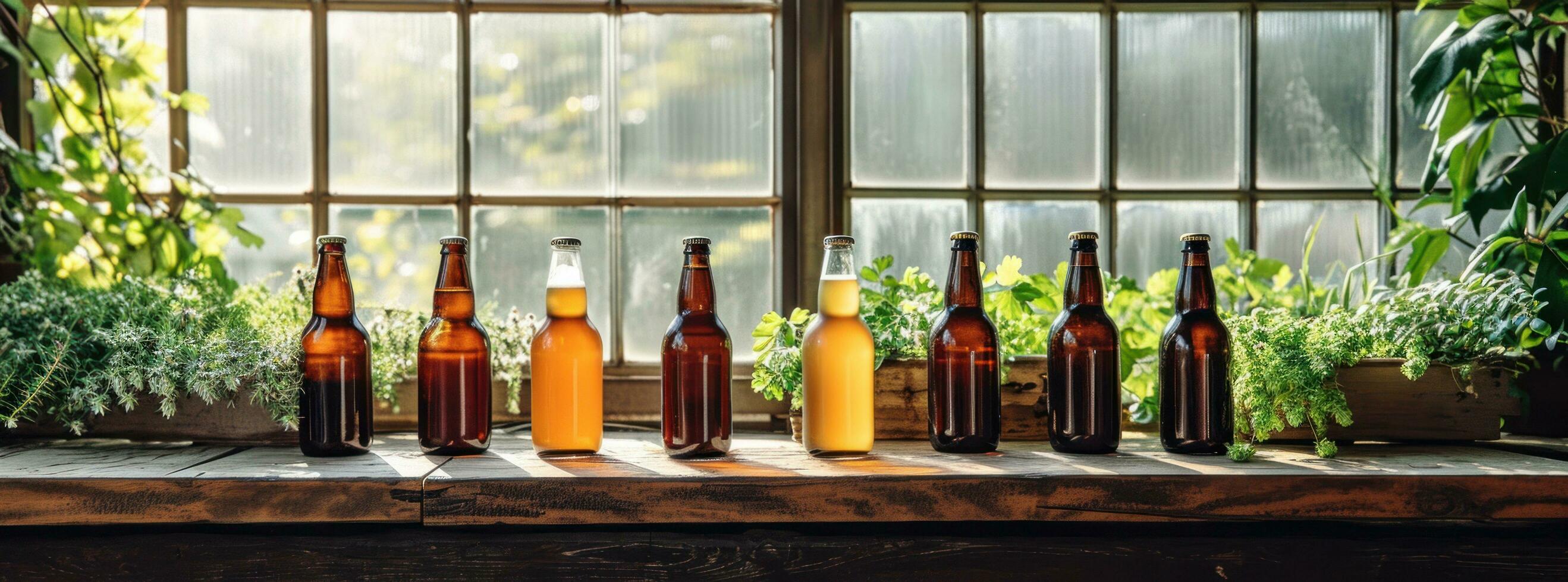 AI generated several brown bottle sitting next to some hops photo