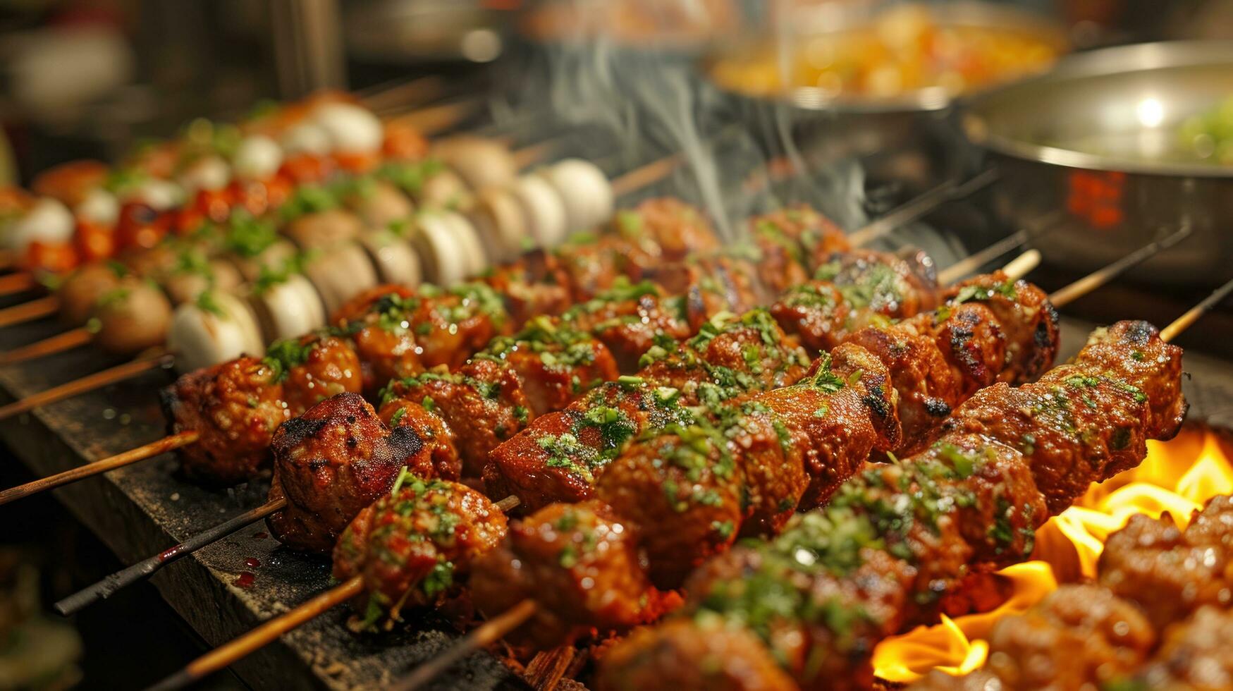 AI generated Vibrant street food scene with sizzling grills, exotic spices, and tempting treats photo