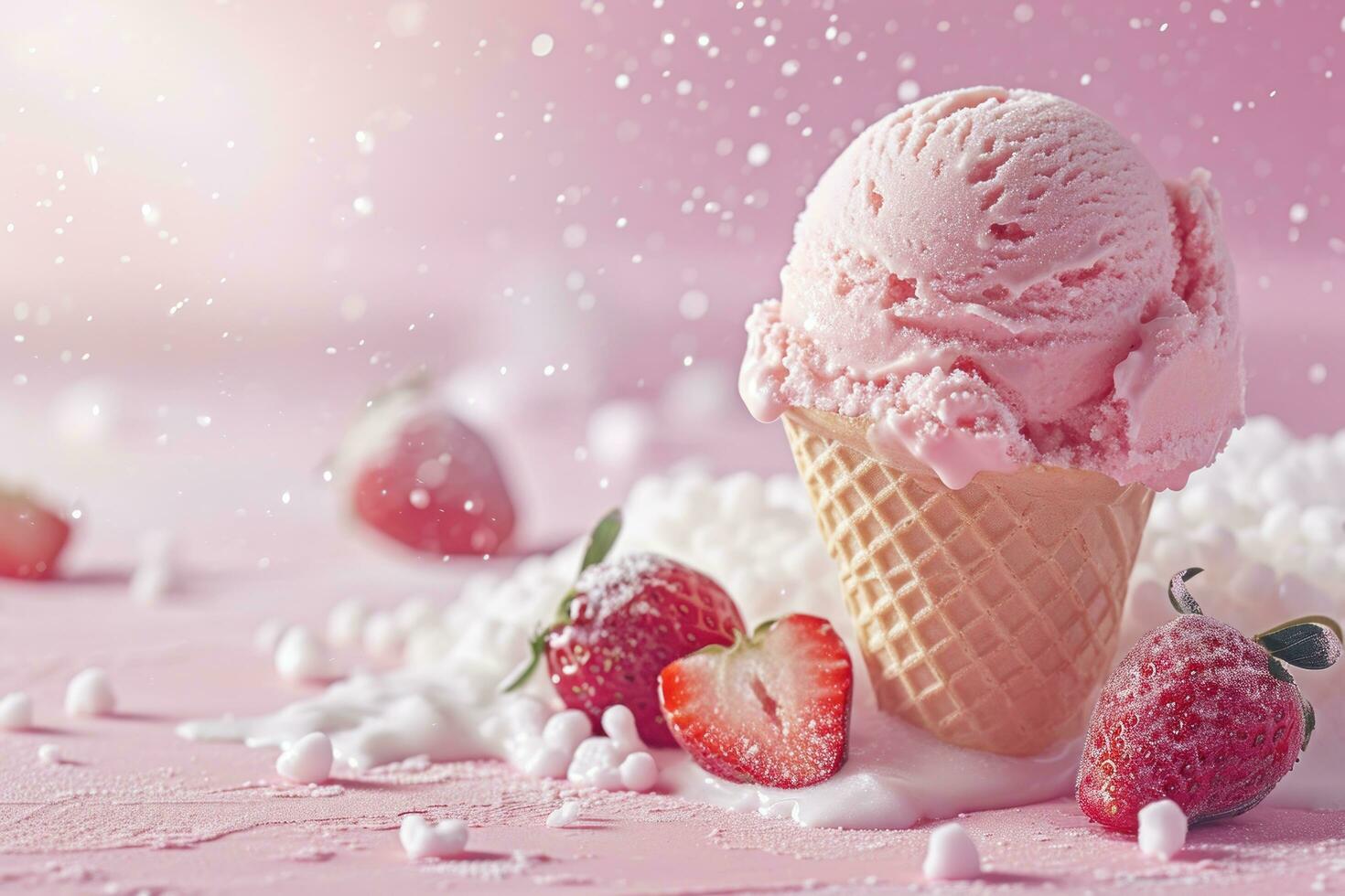 AI generated Realistic ice cream ad mockup with strawberry photo