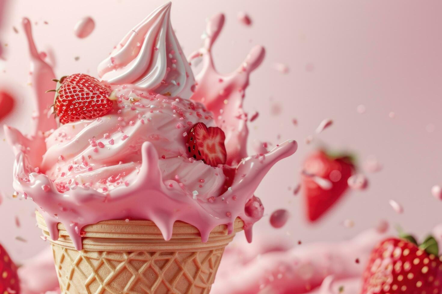 AI generated Realistic ice cream ad mockup with strawberry photo