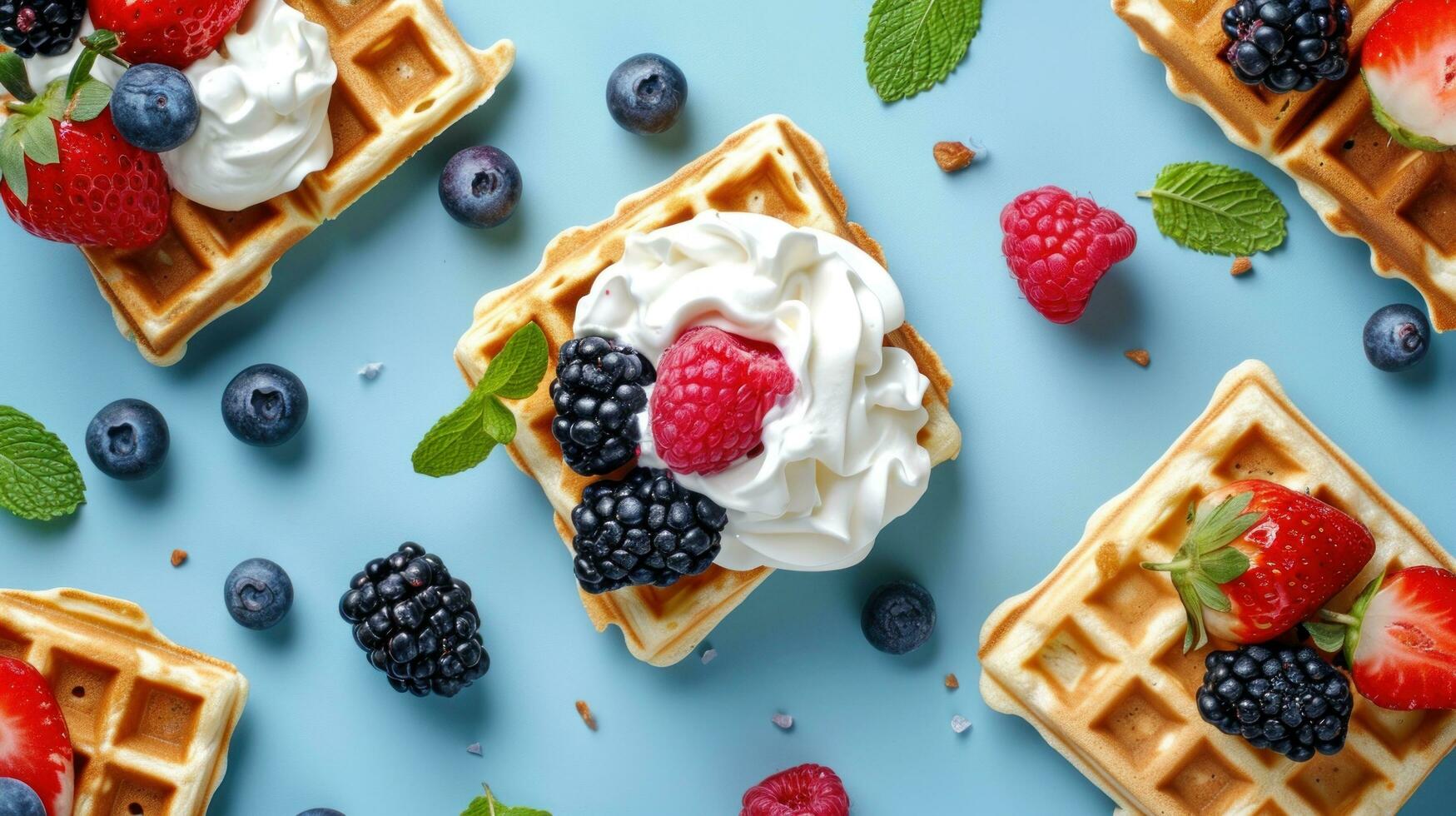 AI generated Belgian waffle ads with delicious fruit and cream photo