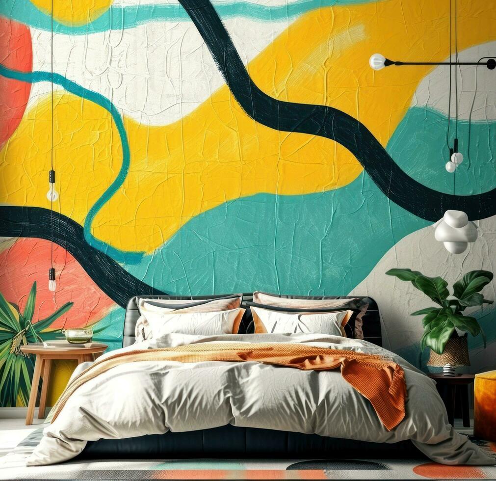 ai generado brillante dormitorio mural con resumen diseño amarillo foto