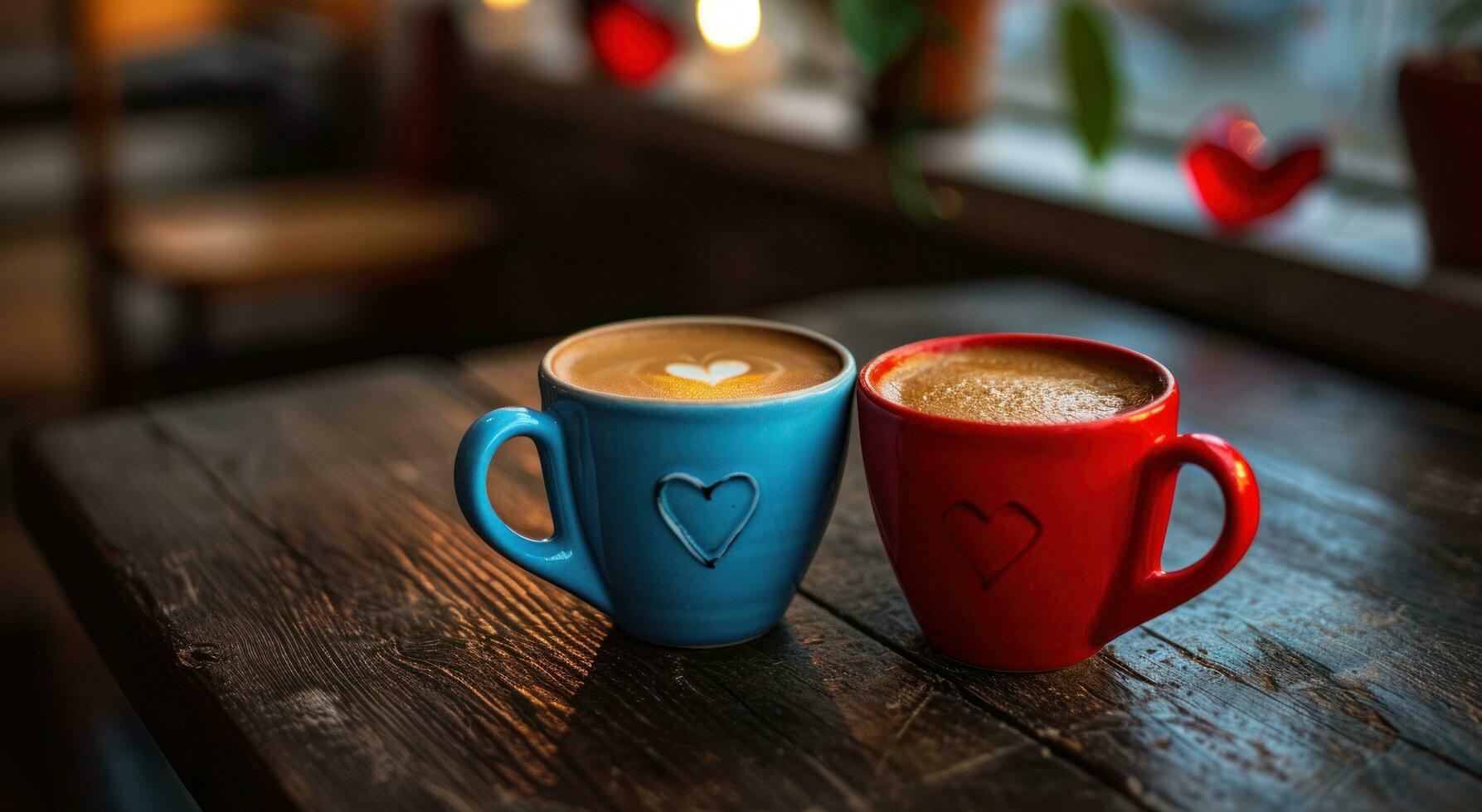 ai generado dos enamorado tazas de café en un oscuro mesa foto