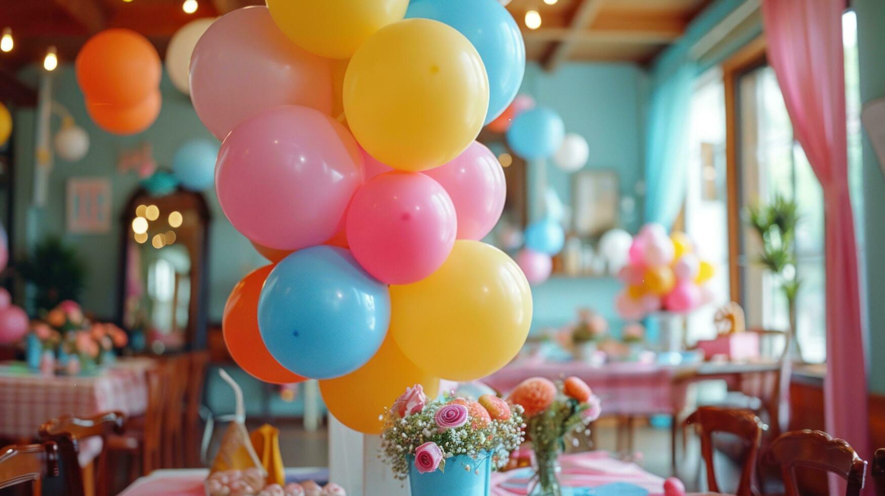 ai generado caprichoso decoración, vibrante globos, y alegre jolgorio crear un animado y encantador fiesta ambiente foto