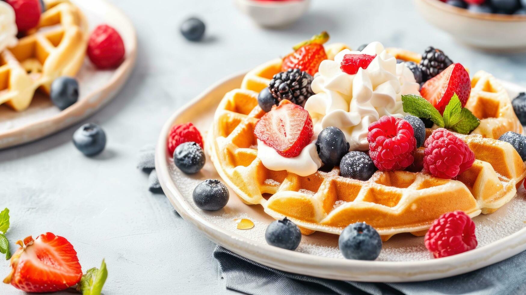 AI generated Belgian waffle ads with delicious fruit and cream photo
