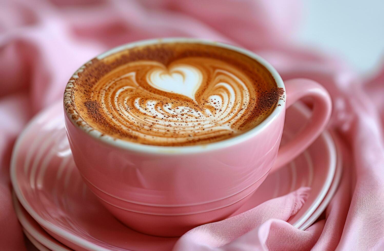 AI generated the coffee is a pink cup topped with hearts and swirls photo