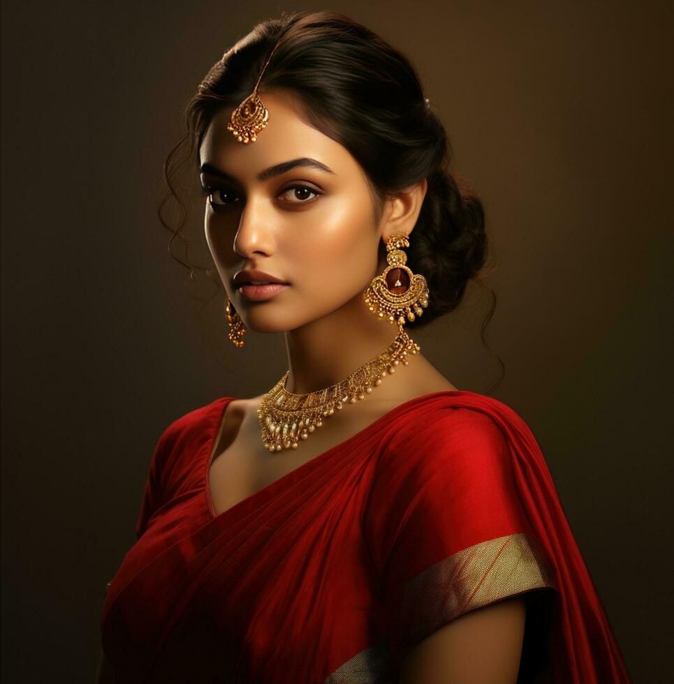 AI generated beautiful woman in red jewellery and gold, photo