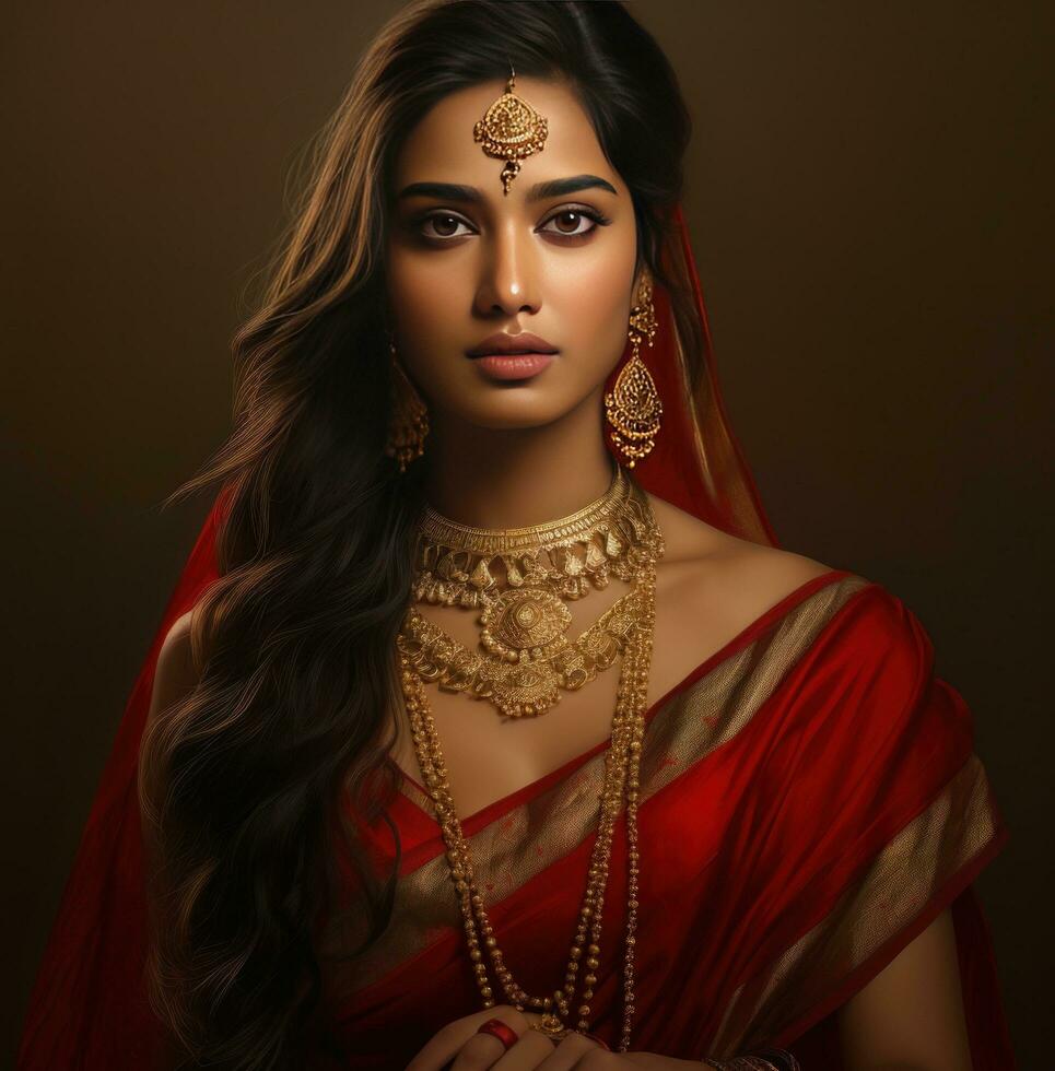 AI generated beautiful woman in red jewellery and gold, photo