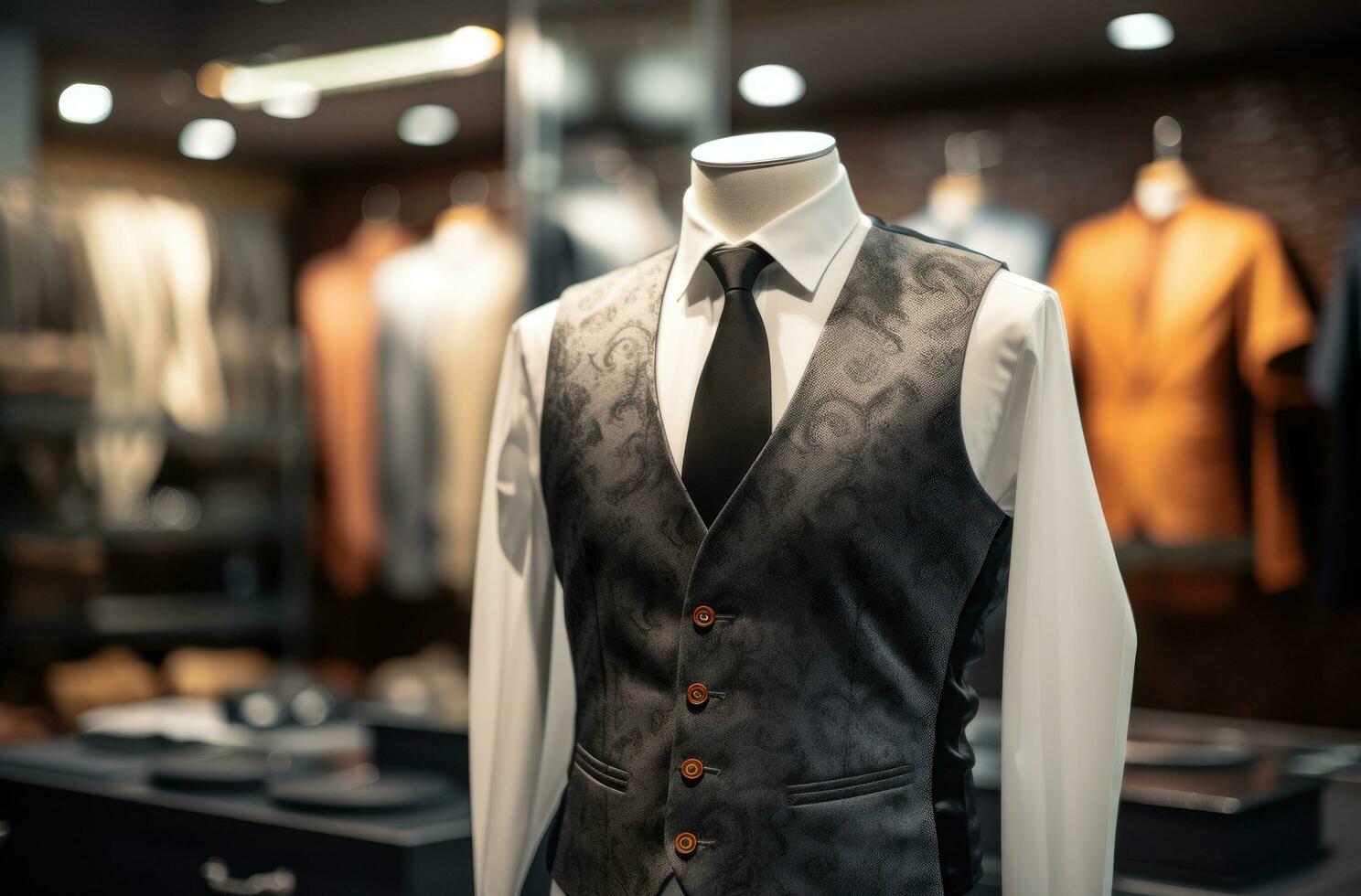 AI generated a dark colored vest is on display at a store photo