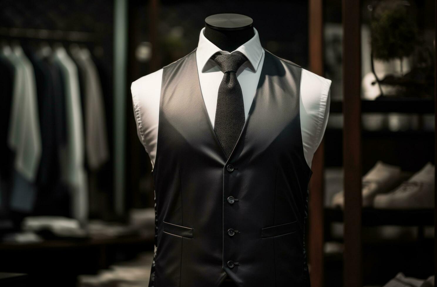 AI generated a dark colored vest is on display at a store photo