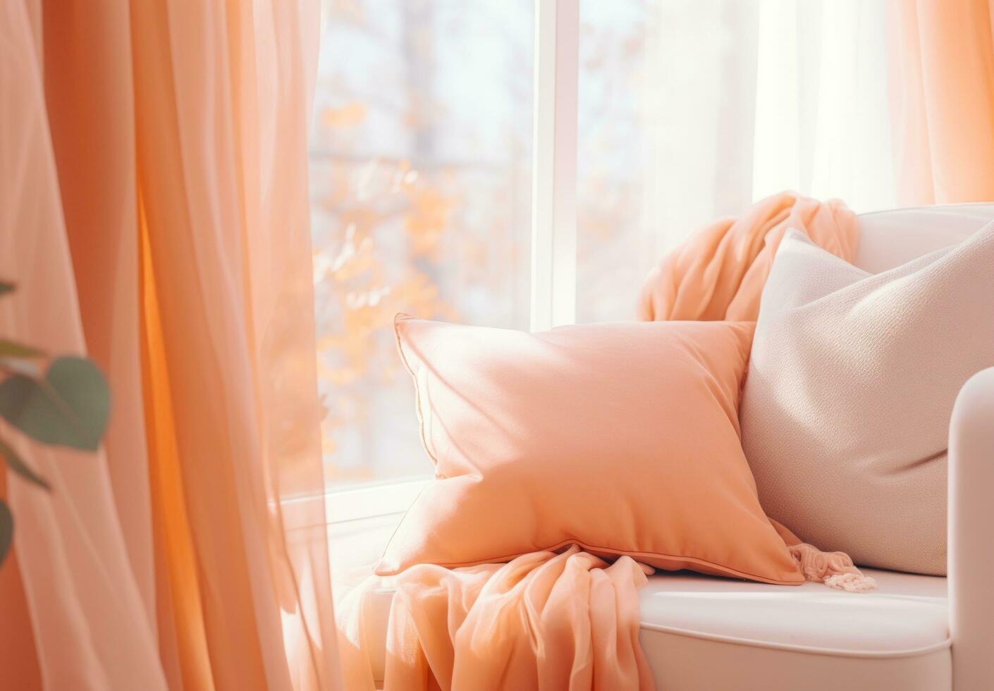AI generated a chair with pillows on the table next to a window photo