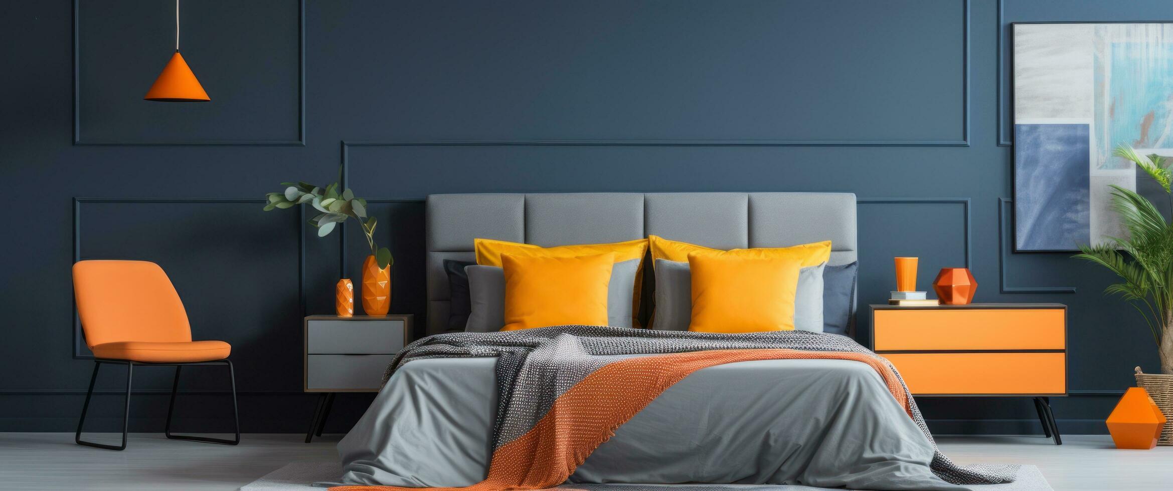 AI generated a bedroom with a dark gray wall and orange decor and accessories photo