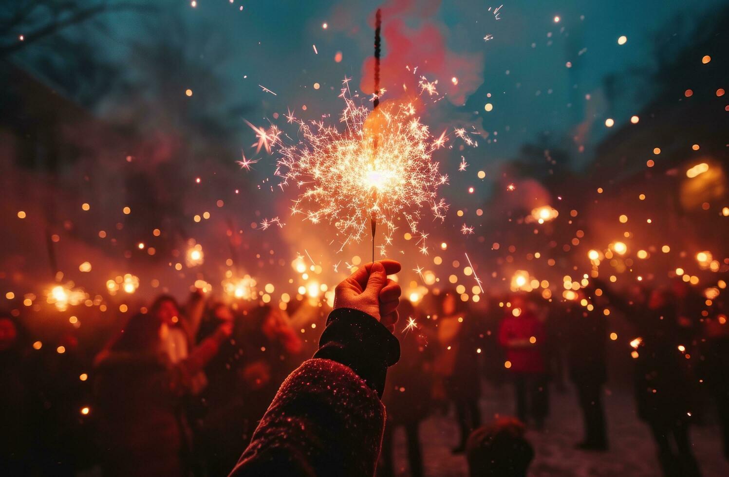 ai generado con el bengalas en el cielo, el personas son celebrando el nuevo año el Derecha camino foto