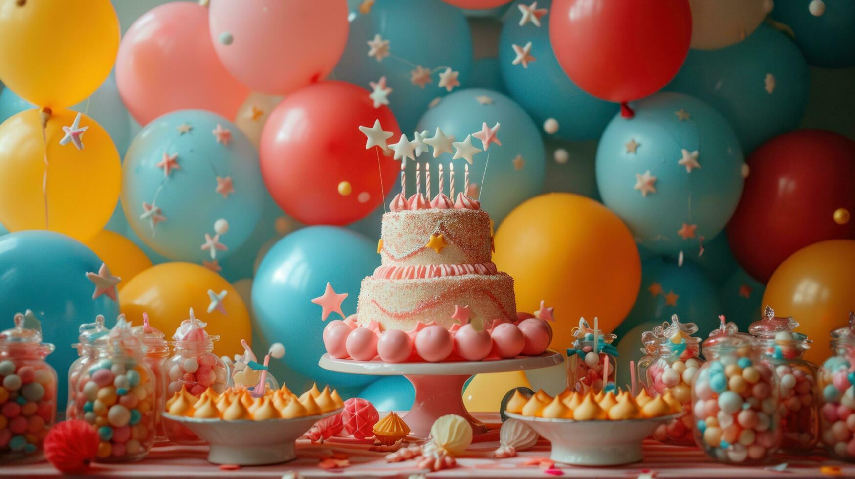 AI generated Whimsical decor, vibrant balloons, and joyful revelry create a lively and enchanting party ambiance photo