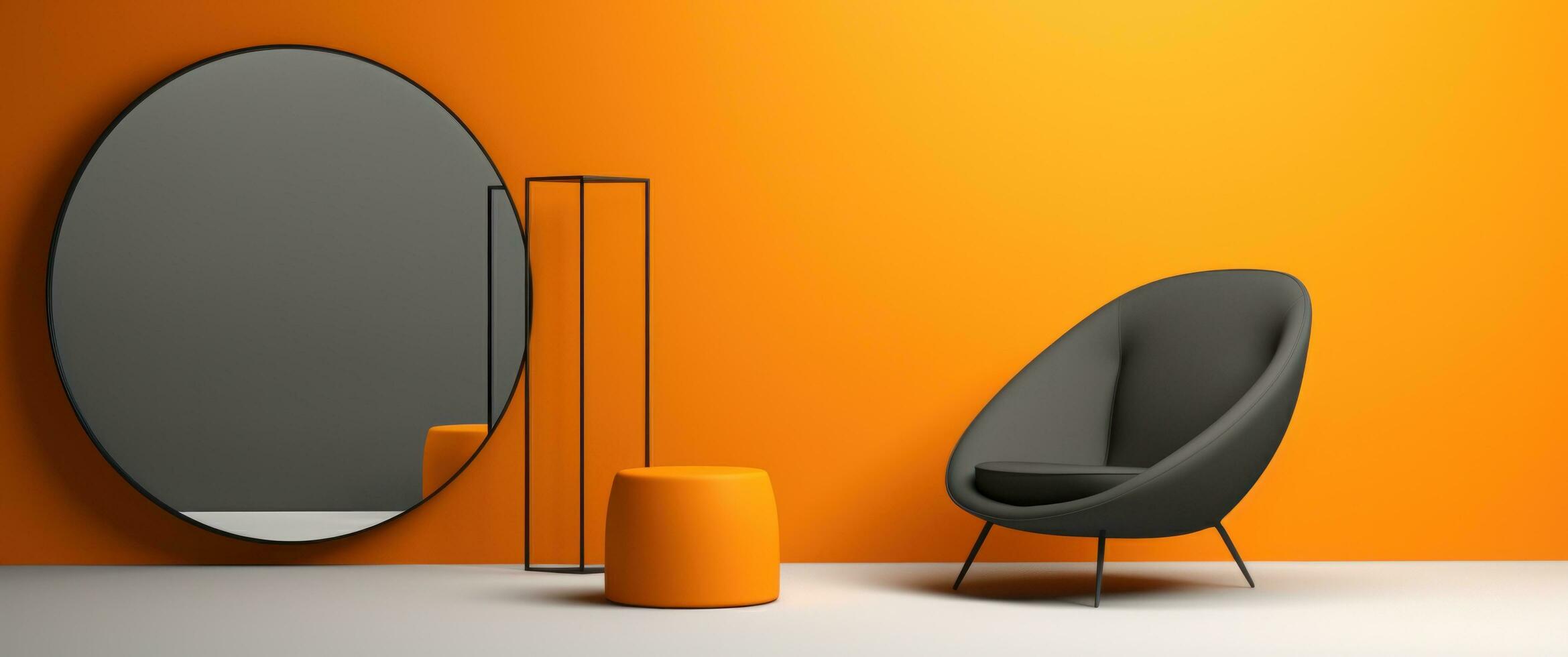 AI generated a large grey mirror is sitting in front of an orange chair photo