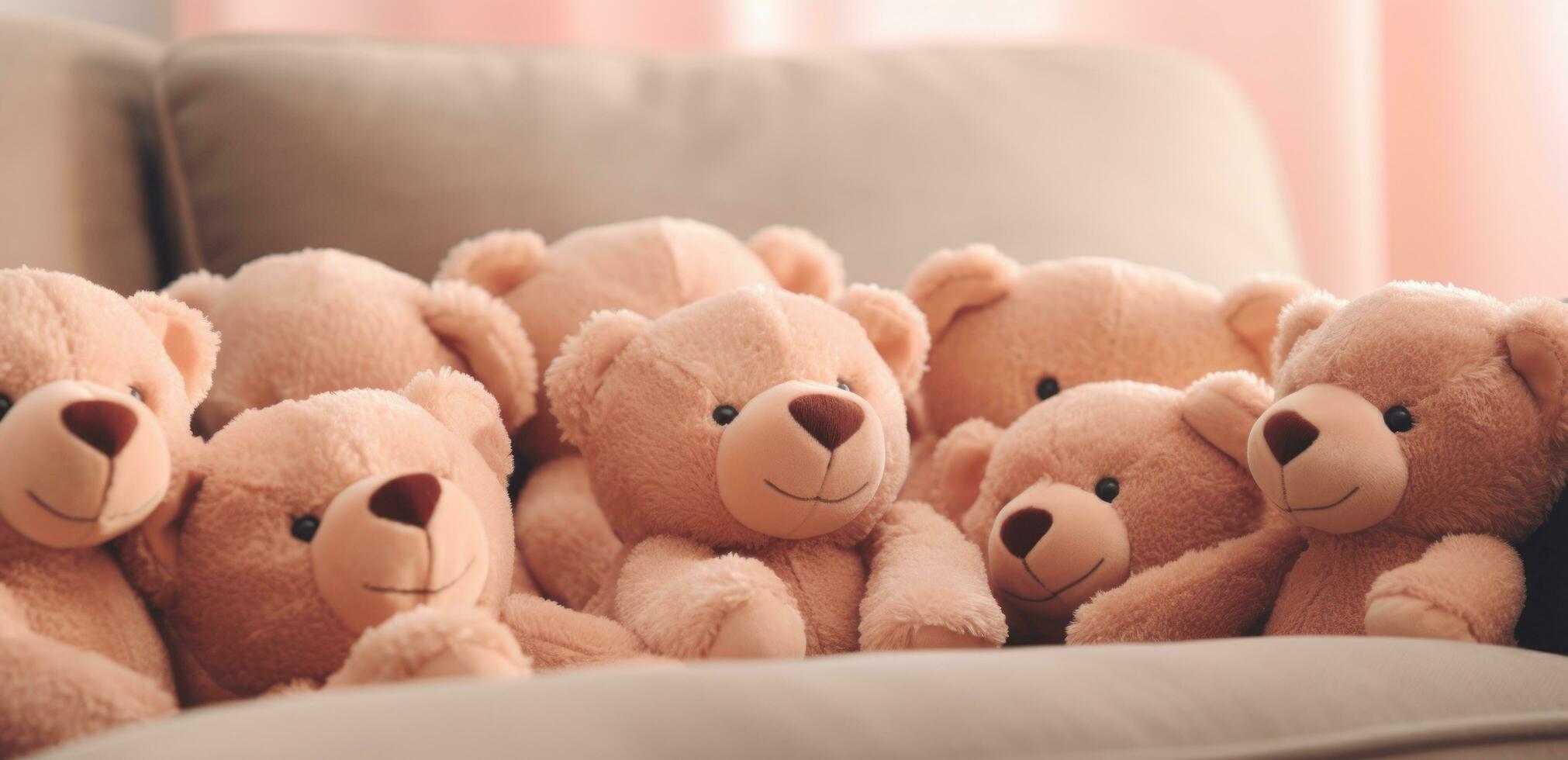 AI generated a group of teddy bears sits arranged on a couch photo
