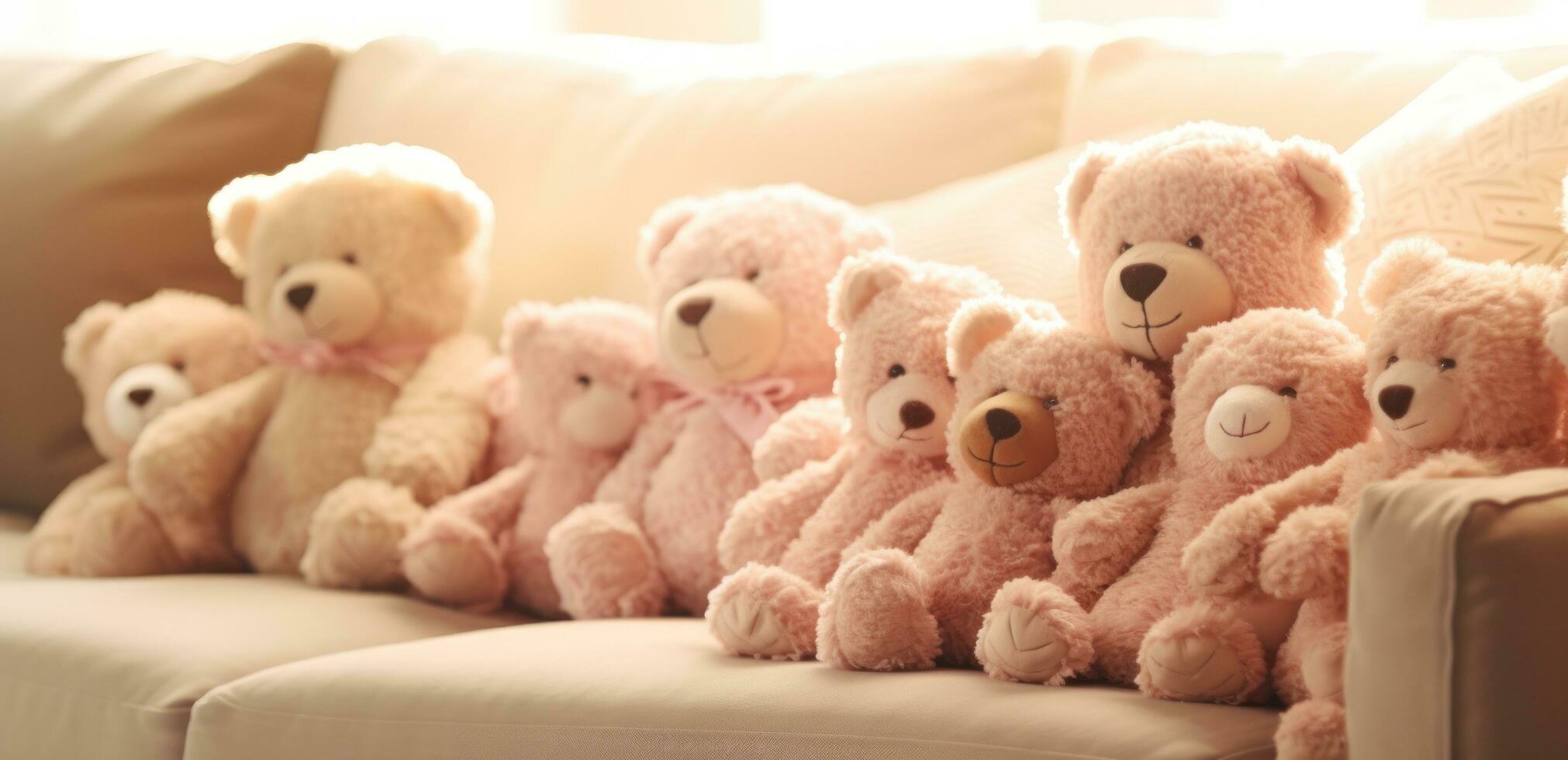 AI generated a group of teddy bears sits arranged on a couch photo