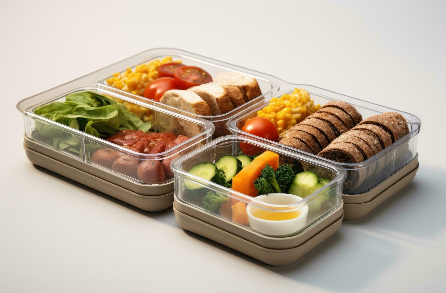 AI generated boxed salad food containers with fresh food and forks photo