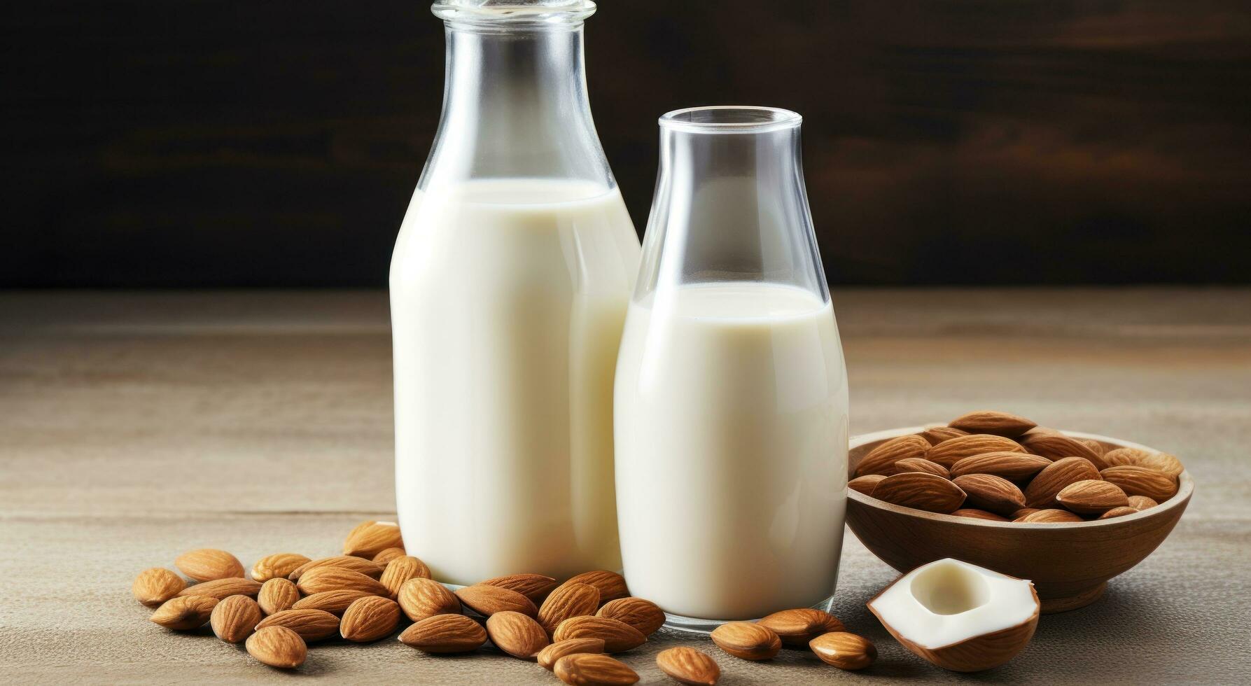 AI generated almond milk in bottle and bowl with almonds photo