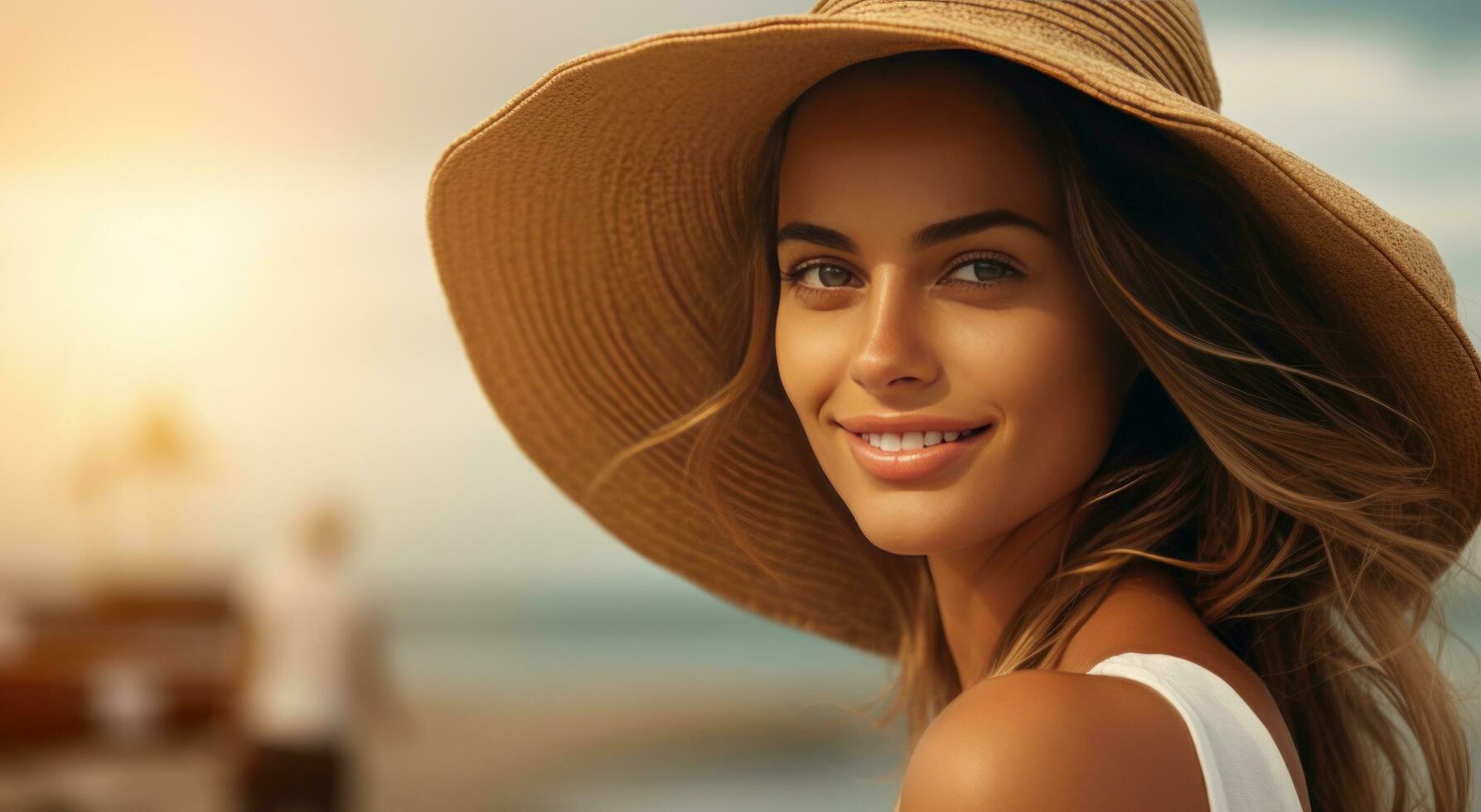 AI generated beach beautiful girl on a hat smiling, photo