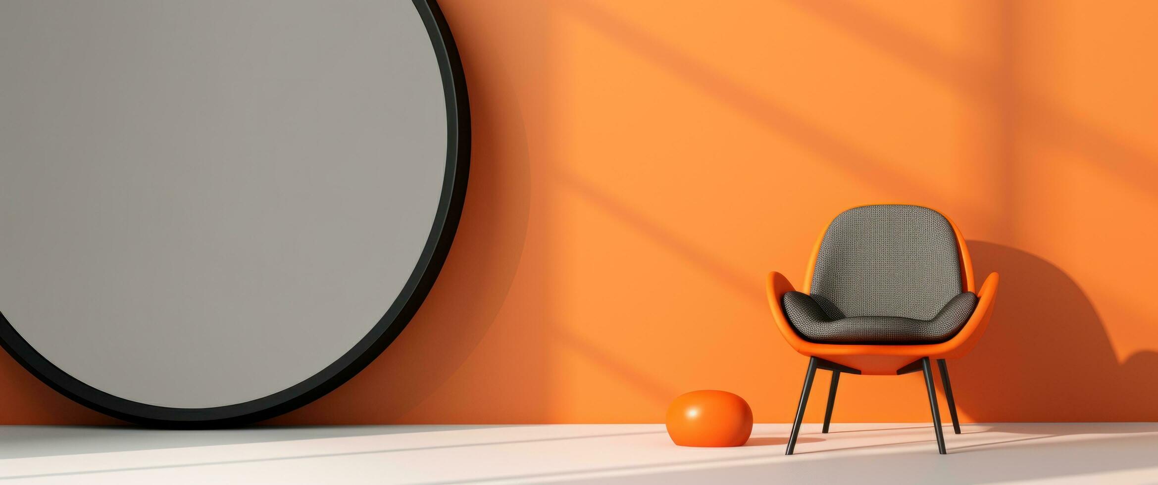 AI generated a large grey mirror is sitting in front of an orange chair photo