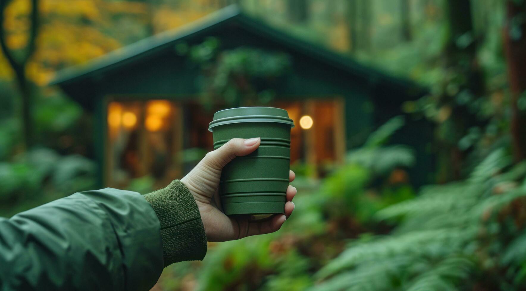 AI generated up close shot of a person holding a green coffee cup in front of a green house photo