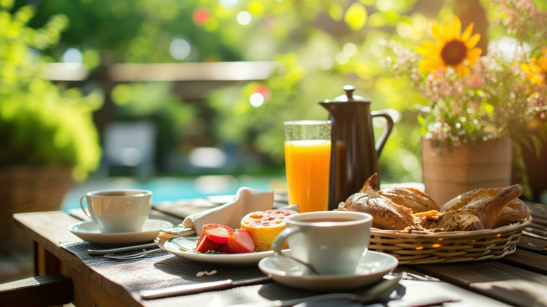 AI generated beautiful advertisment photo of summer breakfast in outdoor cafe with copy space