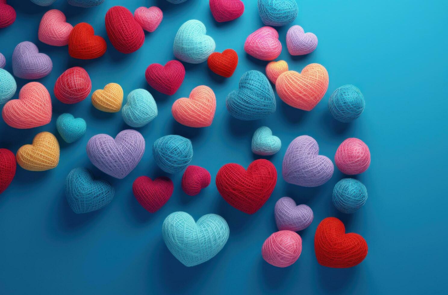 AI generated colorful hearts made of yarn on a blue background photo