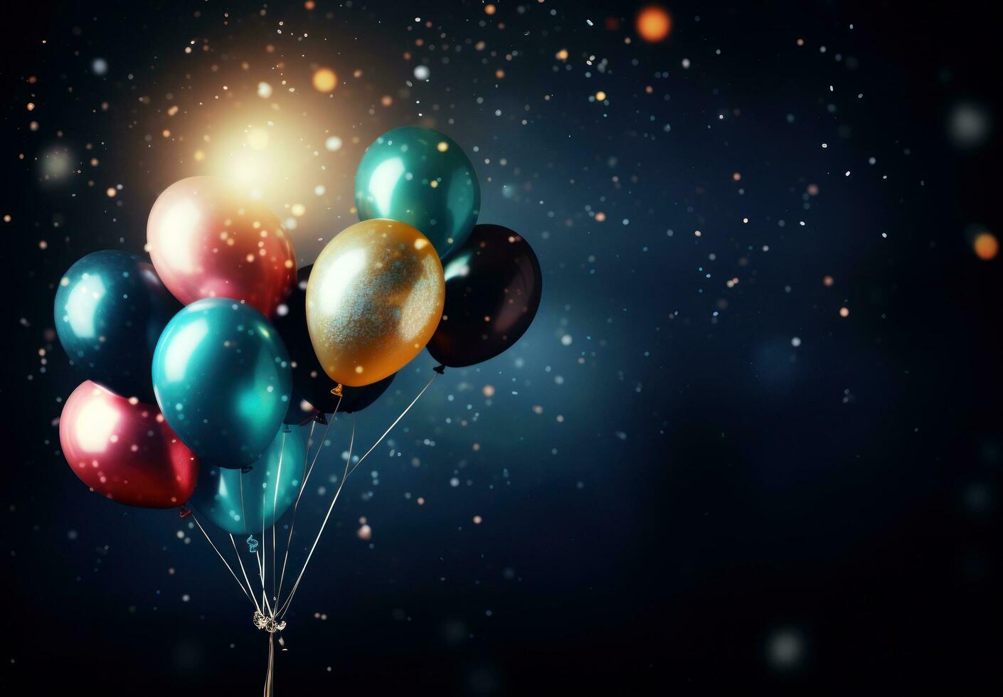 AI generated colorful balloons flying in the air on dark background, glittery and shiny, smokey background photo