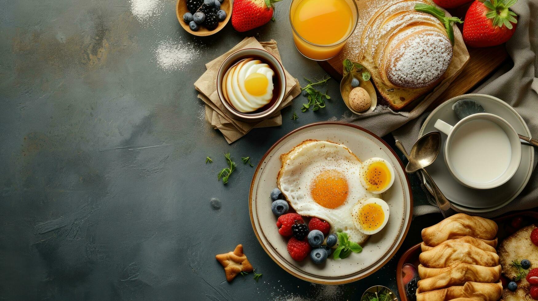 AI generated beautiful advertisment photo of morning breakfast with copy space