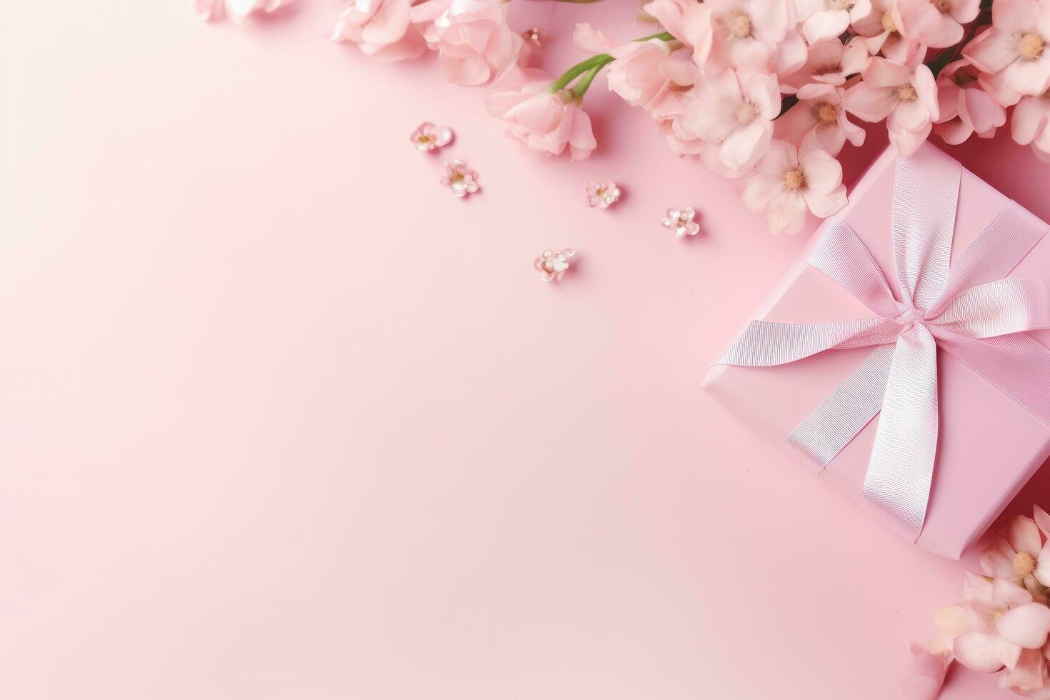 ai generado regalos y flores por rosado cinta para De las mujeres especial ocasión en suave rosado antecedentes foto