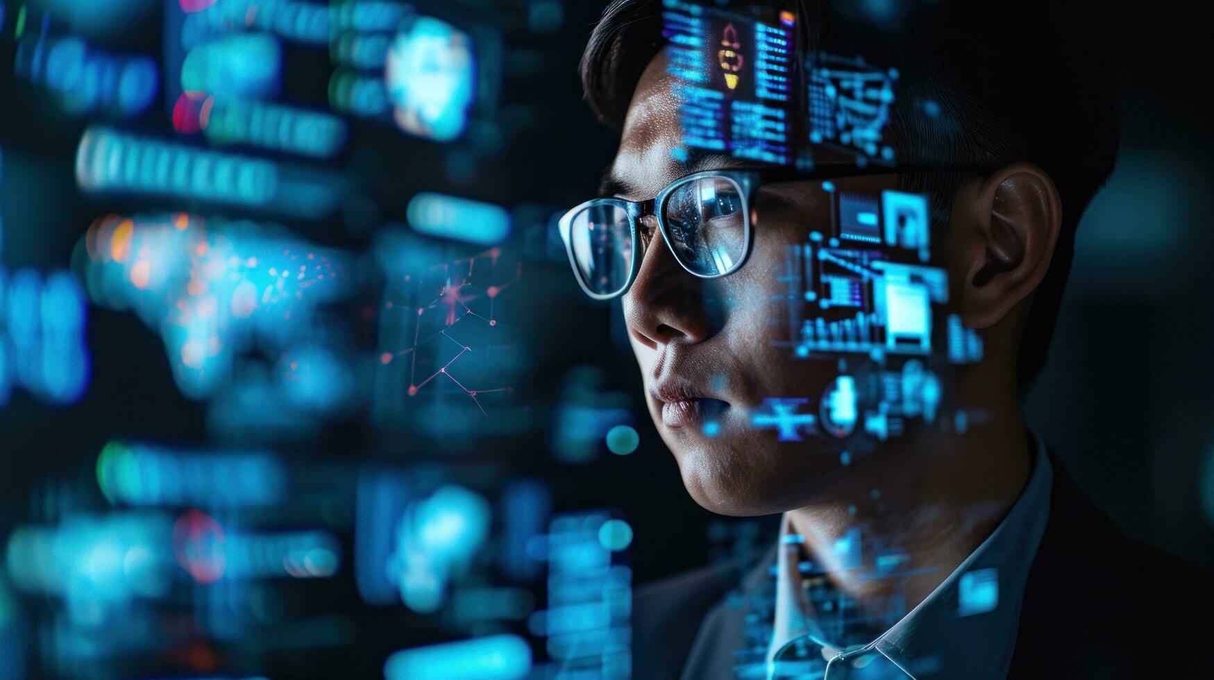 AI generated Tech-savvy businessman immersed in digital interfaces, orchestrating a digital transformation with sophistication photo