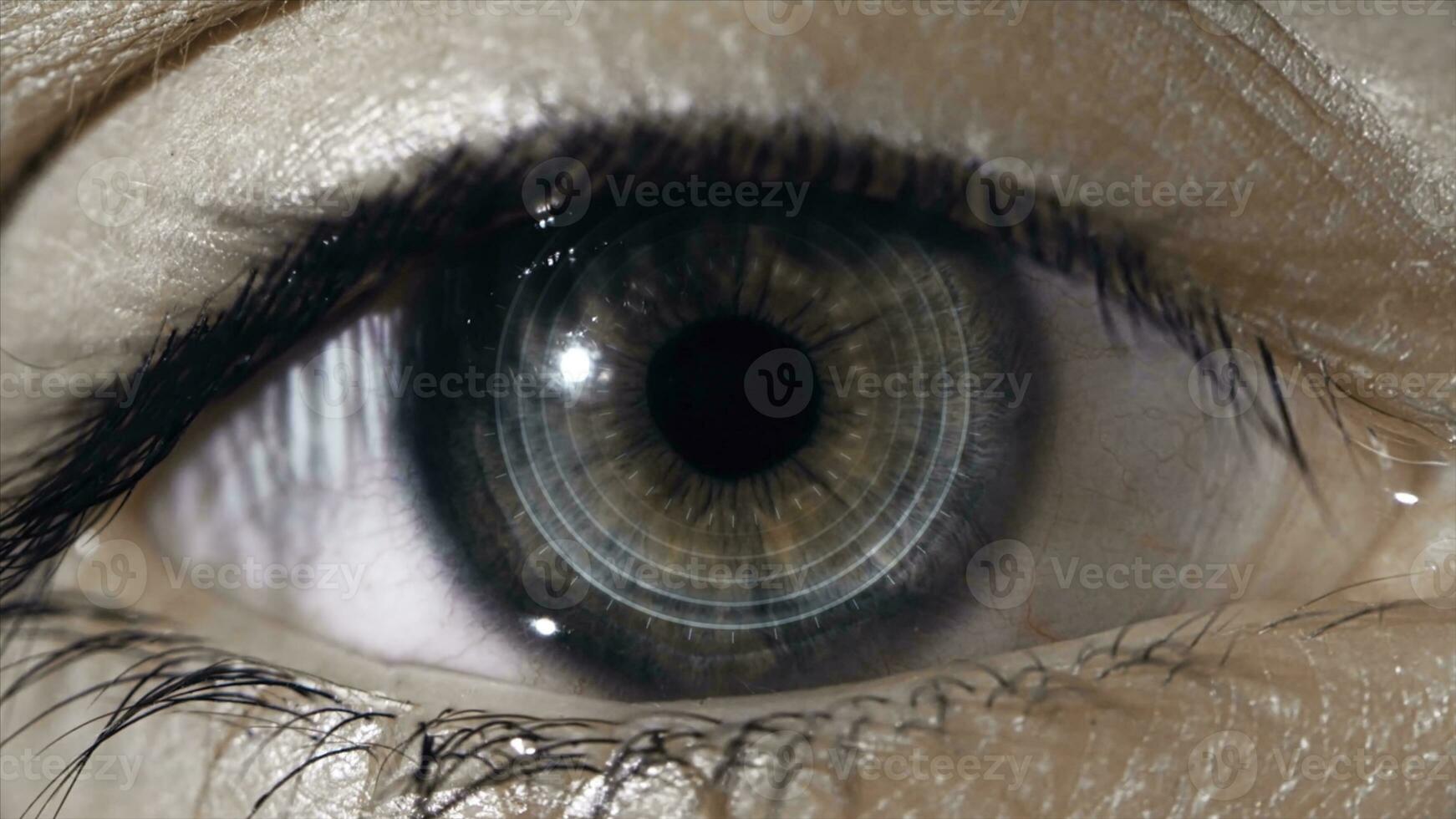 Technological lens on the eye. The concept of future technologies. Female eye with futuristic lens, macro photo