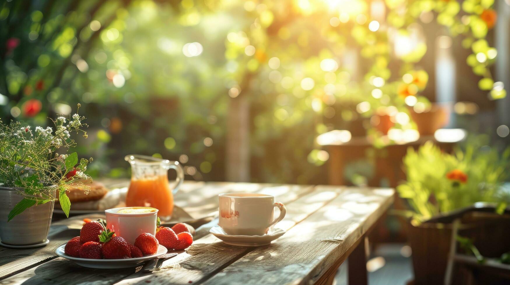 AI generated beautiful advertisment photo of summer breakfast in outdoor cafe with copy space