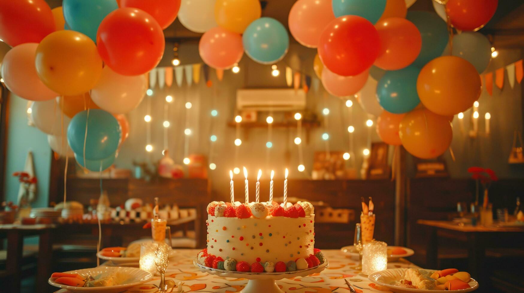 AI generated Whimsical decor, vibrant balloons, and joyful revelry create a lively and enchanting party ambiance photo