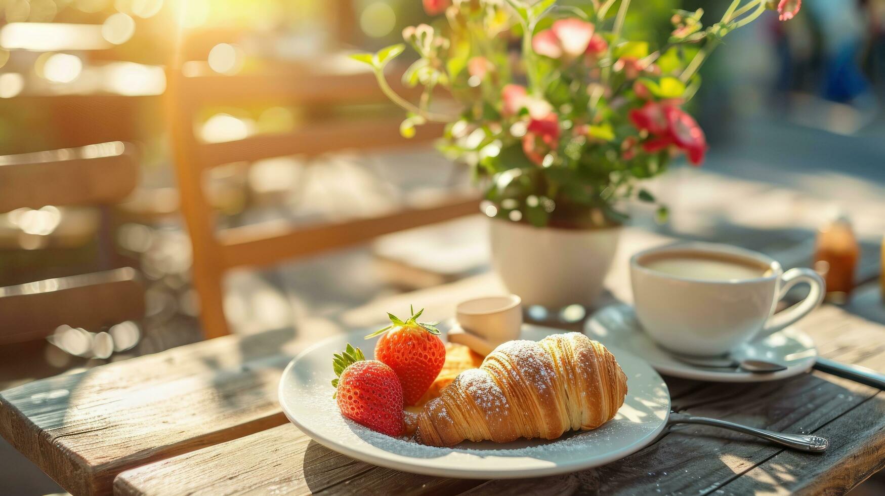 AI generated beautiful advertisment photo of summer breakfast in outdoor cafe with copy space