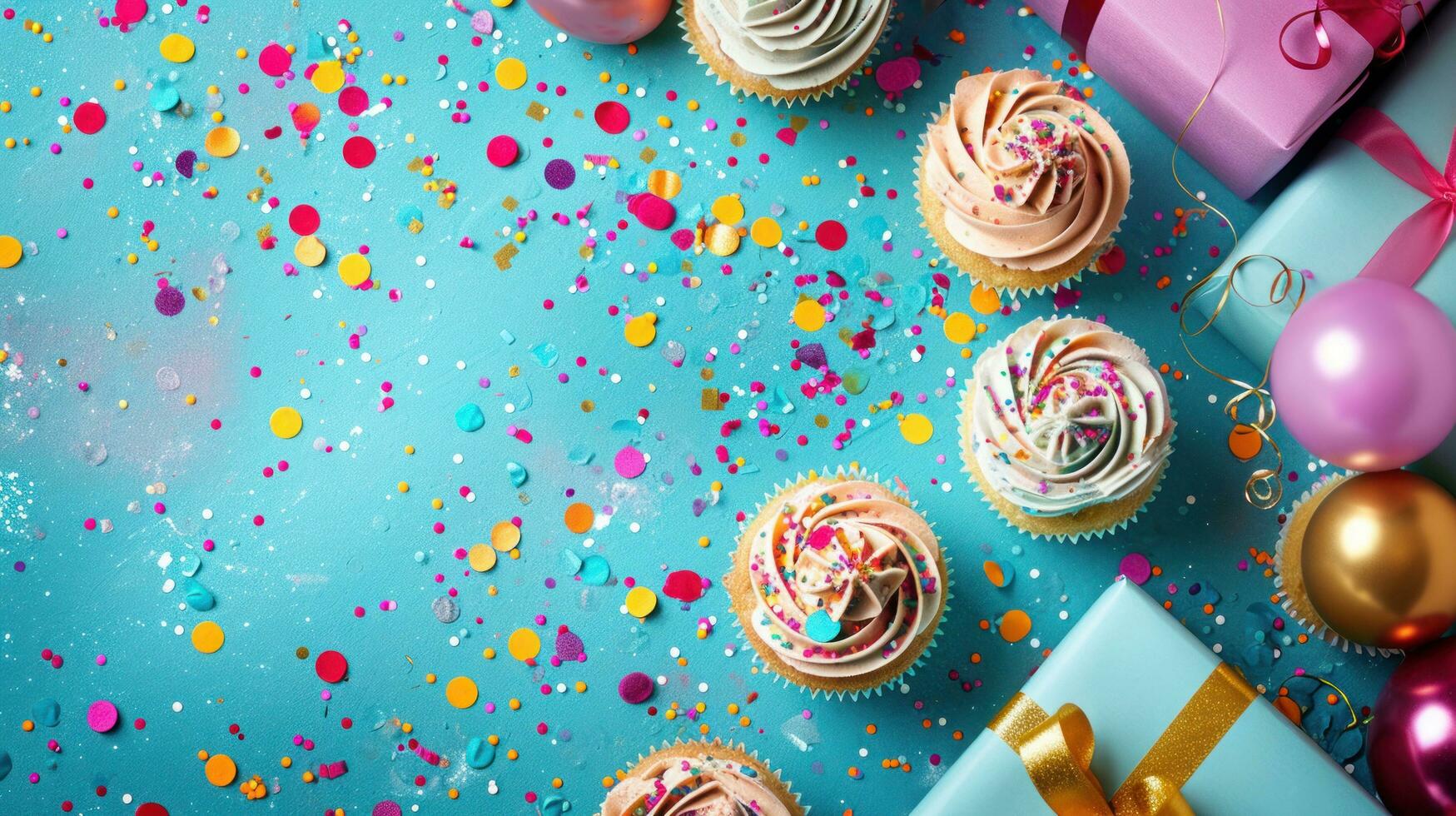 AI generated Vibrant confetti swirls around a table set with cupcakes photo