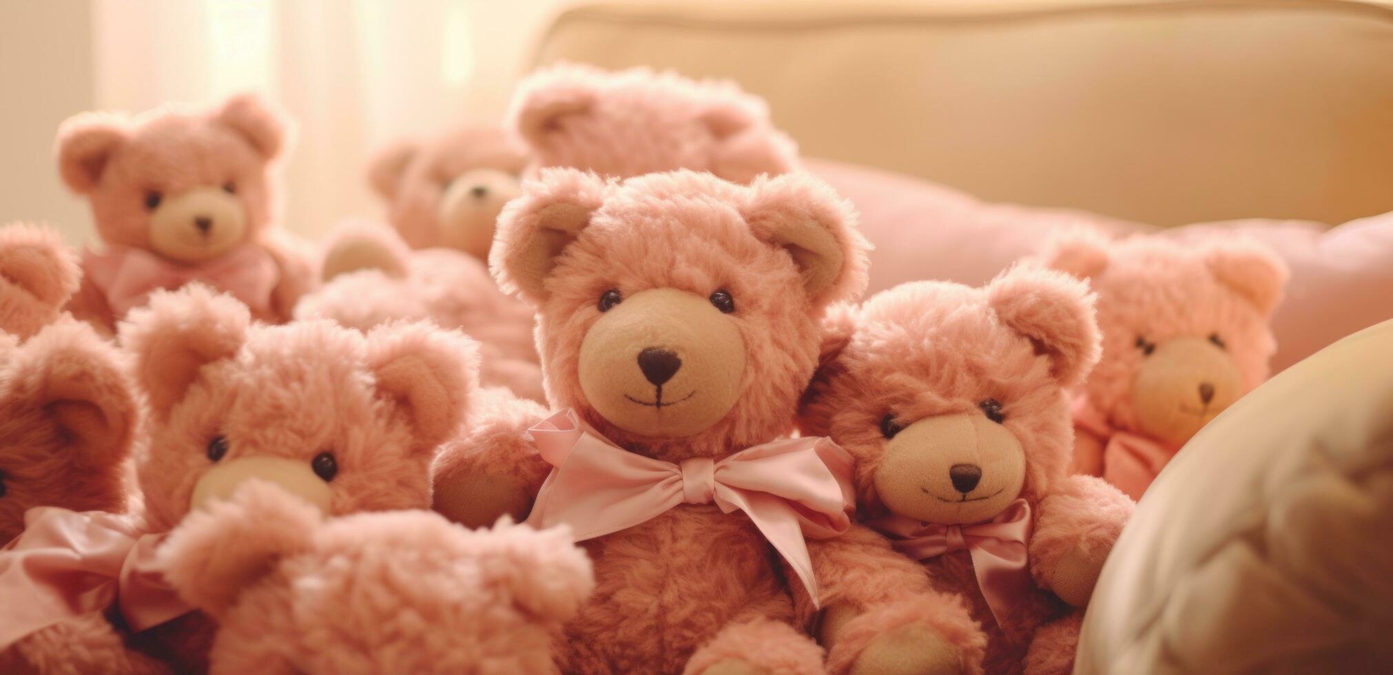 AI generated a group of teddy bears sits arranged on a couch photo