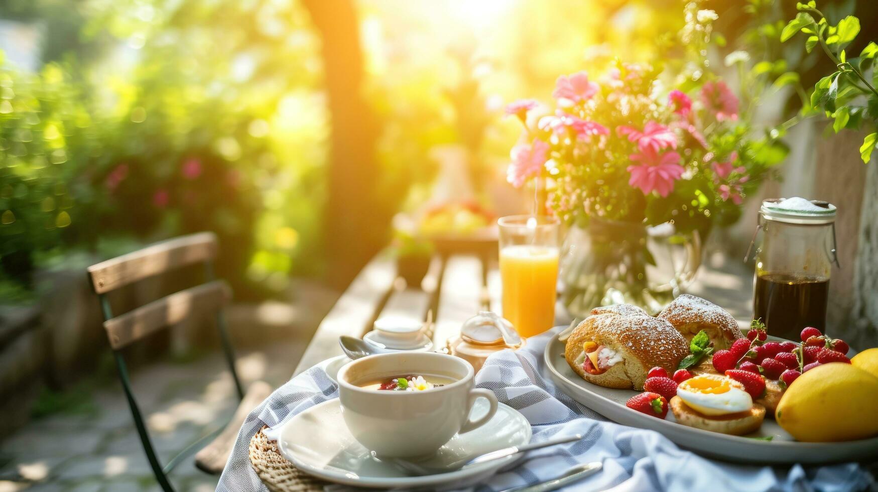 AI generated beautiful advertisment photo of summer breakfast in outdoor cafe with copy space