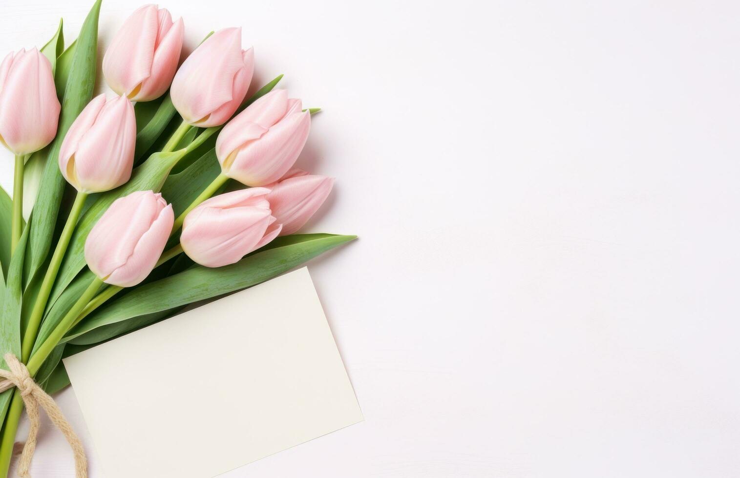AI generated pink tulips and bows floating on a pink surface photo