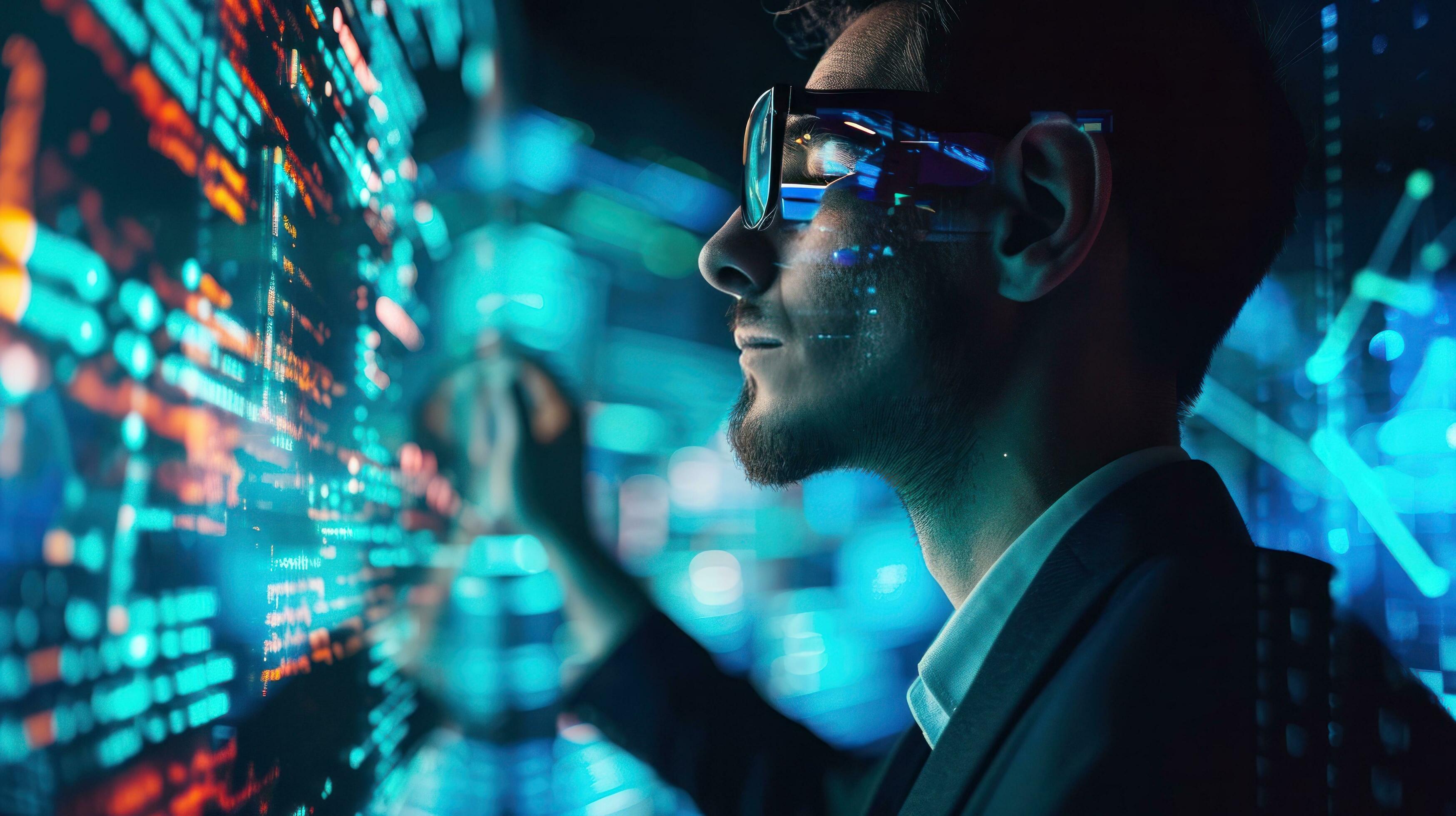 AI generated Techsavvy businessman immersed in digital interfaces