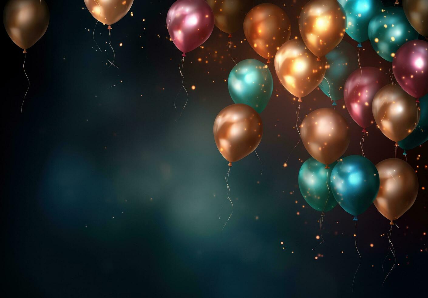 AI generated colorful balloons flying in the air on dark background, glittery and shiny, smokey background photo