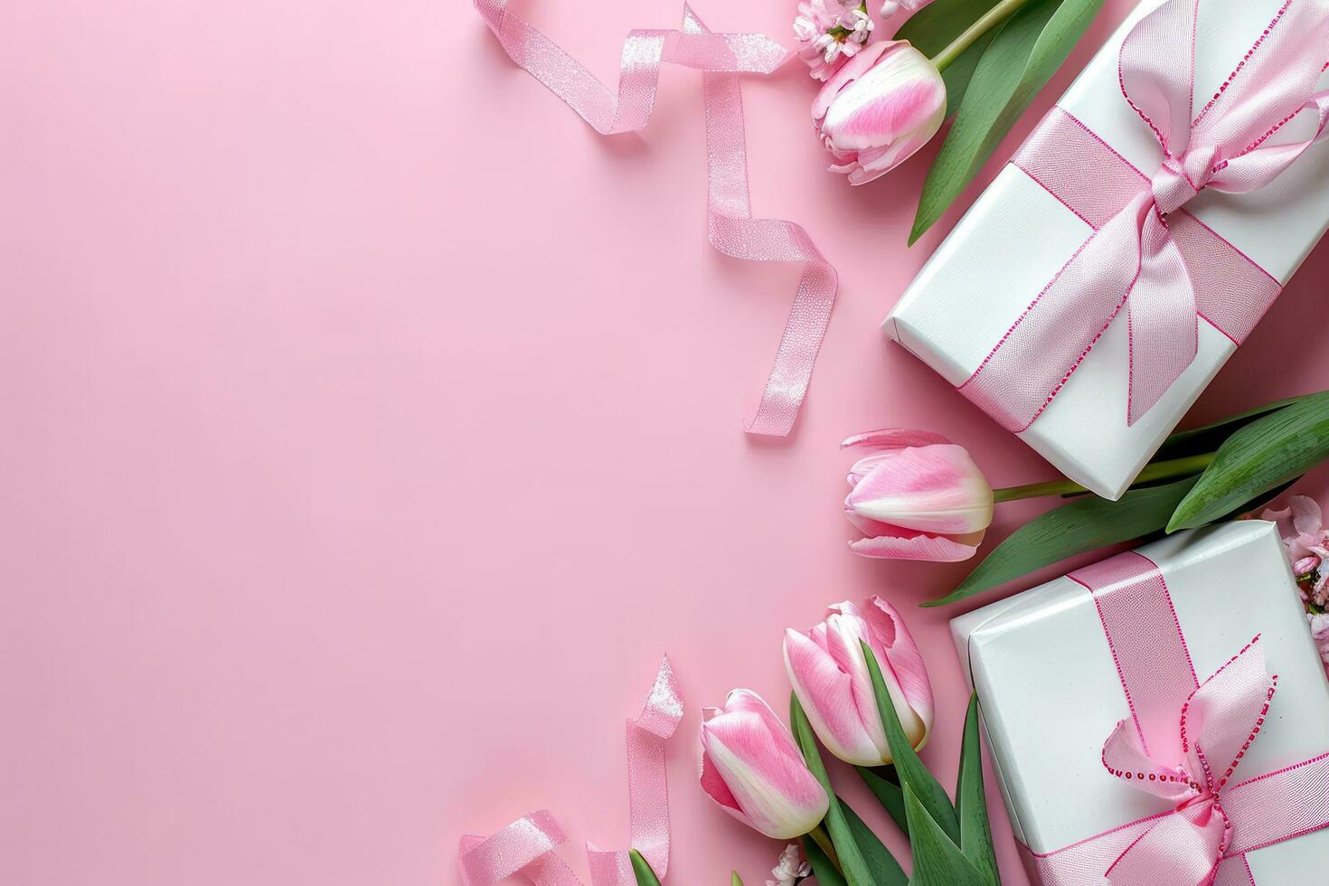 AI generated gift boxes with pink ribbon tied around pink tulips on a pink surface photo