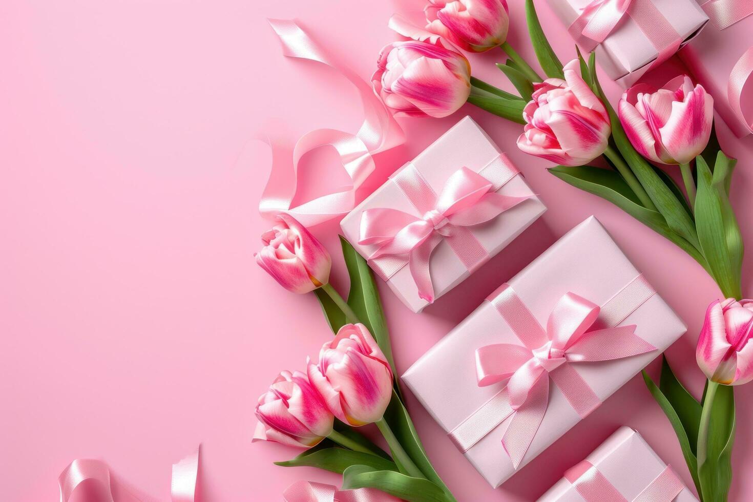 AI generated gift boxes with pink ribbon tied around pink tulips on a pink surface photo