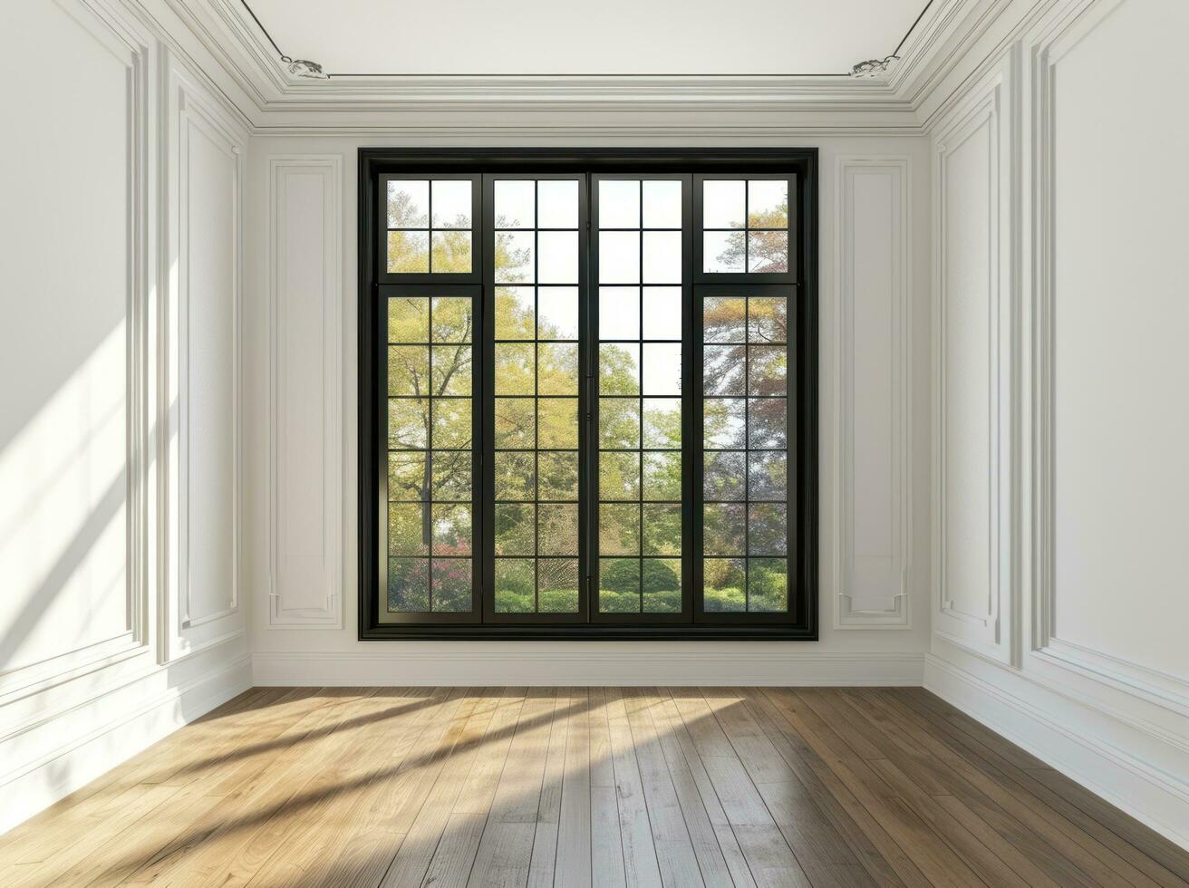 AI generated empty room with black frame in front of the window photo
