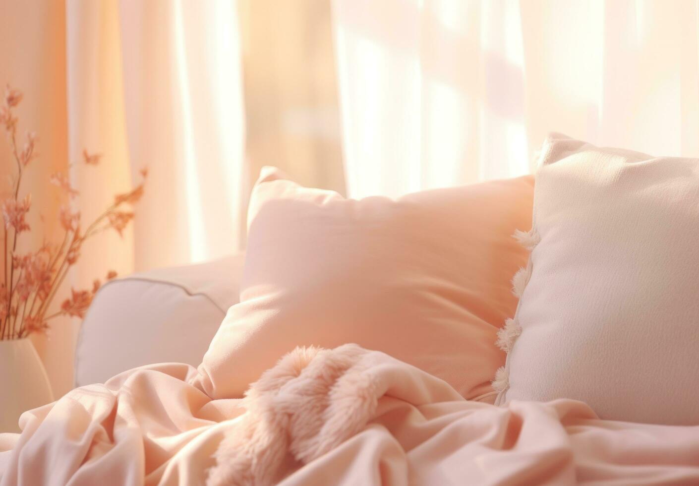 AI generated white cushion with light peach pillows 37112817 Stock