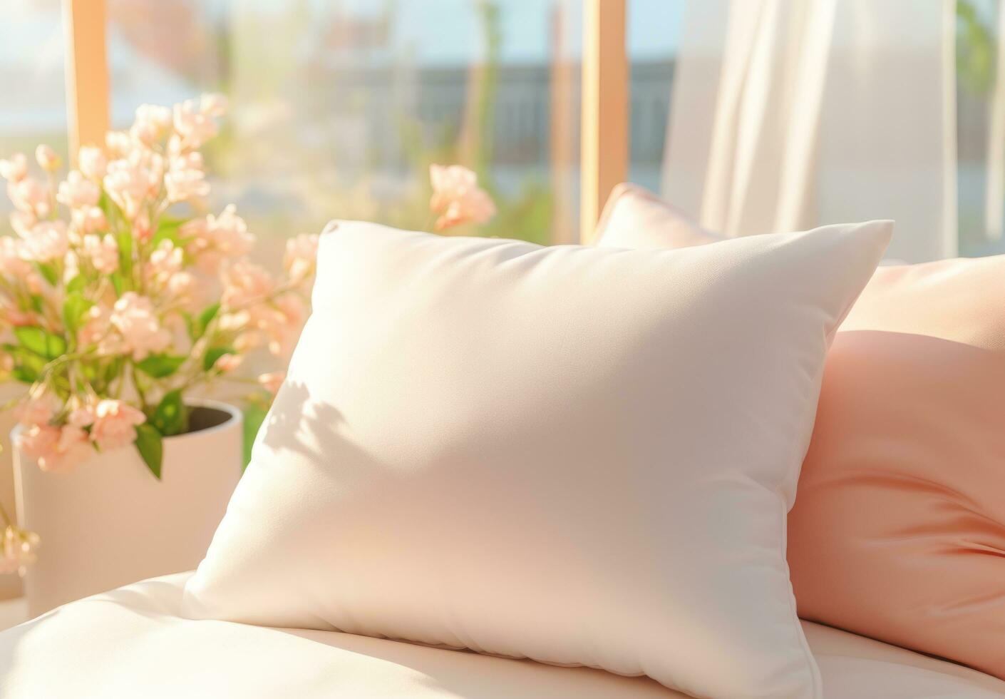 AI generated white cushion with light peach pillows 37112830 Stock