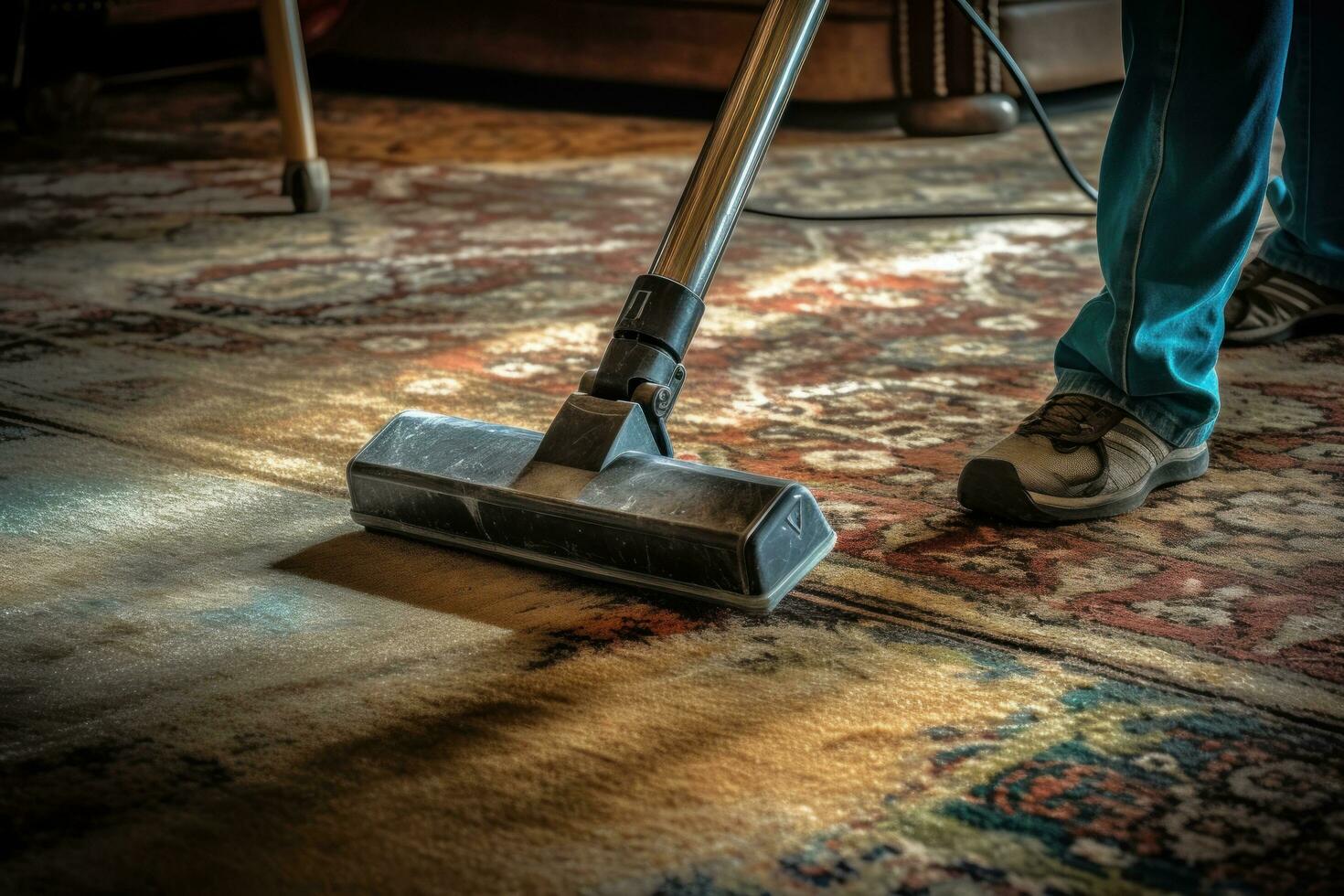 AI generated person vacuuming and cleaning a carpeting photo